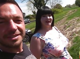 Chubby amateur fucked outdoors in public in POV by a guy on a sex date