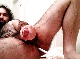 EXTREME toilet brush ass fuck: horny bear fucks own hungry hole with toilet brush all the way in