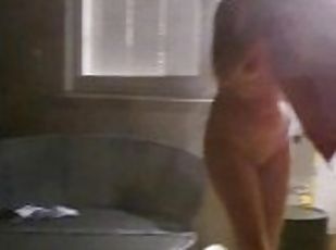 Mom strips in hot tub for step son and flashes spying neighbour's