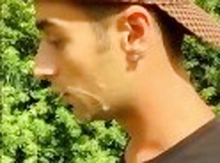 Boy walks with cum mess on face but he need to hide because someone comes