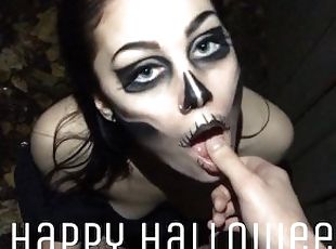 Spooky Slut Skull Fucked and Railed Hard Outside