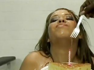 Nasty slut gets a bukkake for her birthday