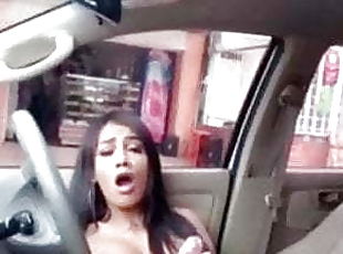 Hot latina tranny caught jerking off in car! Public cumshot.
