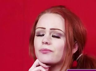 Redhead beauty sucking cock for facial