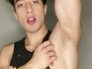 Fitness boy, smelling her armpits