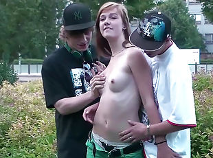 Scandalous sex gangbang in public park with 3 teens