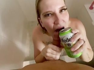 POV Kneeling Blonde with braces sucks cock in shower with beer and big cum load innocent smiling
