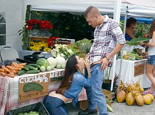 Horny cock starved Eva Lovia gets man meat in the farm market