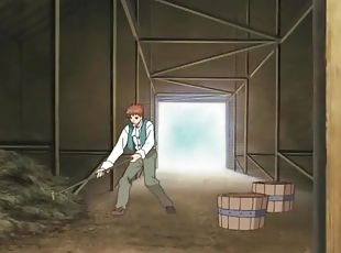 Anime redhead bent over in barn and fucked