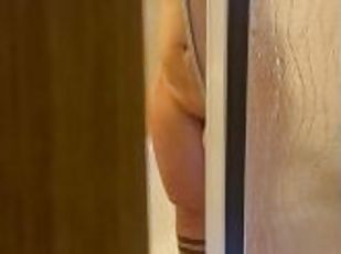 Exhibitionist wife's shower before New Year's Eve. Hot milf caught playing with her dildo.
