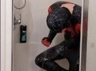 Spiderman showering