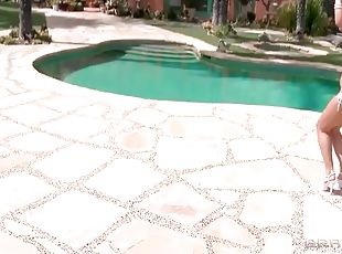 Naked Latina in heels takes a big facial poolside