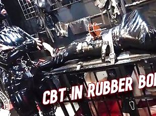 CBT in Rubber Bondage - Lady Bellatrix torments rubber gimp in straight jacket (teaser)