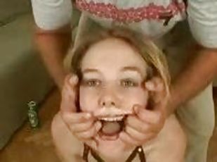 Cum on her face after rough blowjob