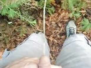 Pissing in the woods, I really had to pee! No cum, just my cock out pissing on a tree.  Cum for me!!