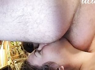 Hairy dom farts in her face and wipes his bare asshole on her tongue