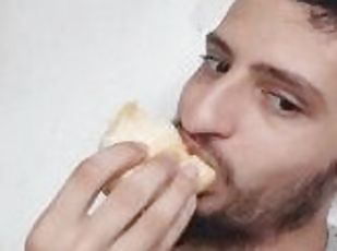 Vertical video of HAIRY MEN EATING HOT DOGS big hot mouth