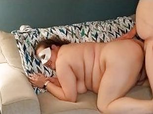 Chubby milf having fun giving sloppy blowjob and taking the cock