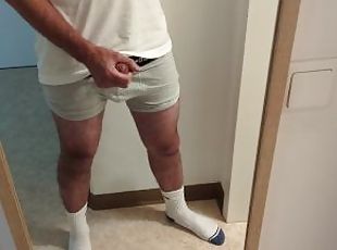 horny guy in white socks jacking off his cock, loud moaning