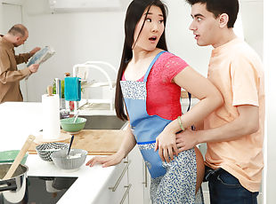 Long-haired bombshell Katana pleasures lucky dude in the kitchen