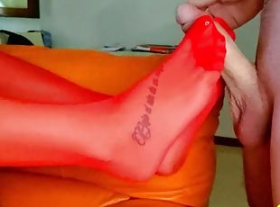 Big cock in red socks cums on feet