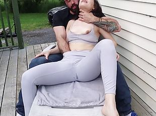Outdoor romantic squirt in yoga pants - with Jess and Tony