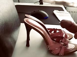 Cumshot over High Heel Wooden Playboy Mules