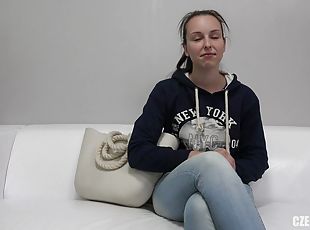 Horny teen with small tits plays with her pussy on casting