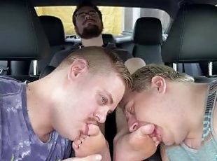 Car ride turns into a foot licking and worshipping threesome